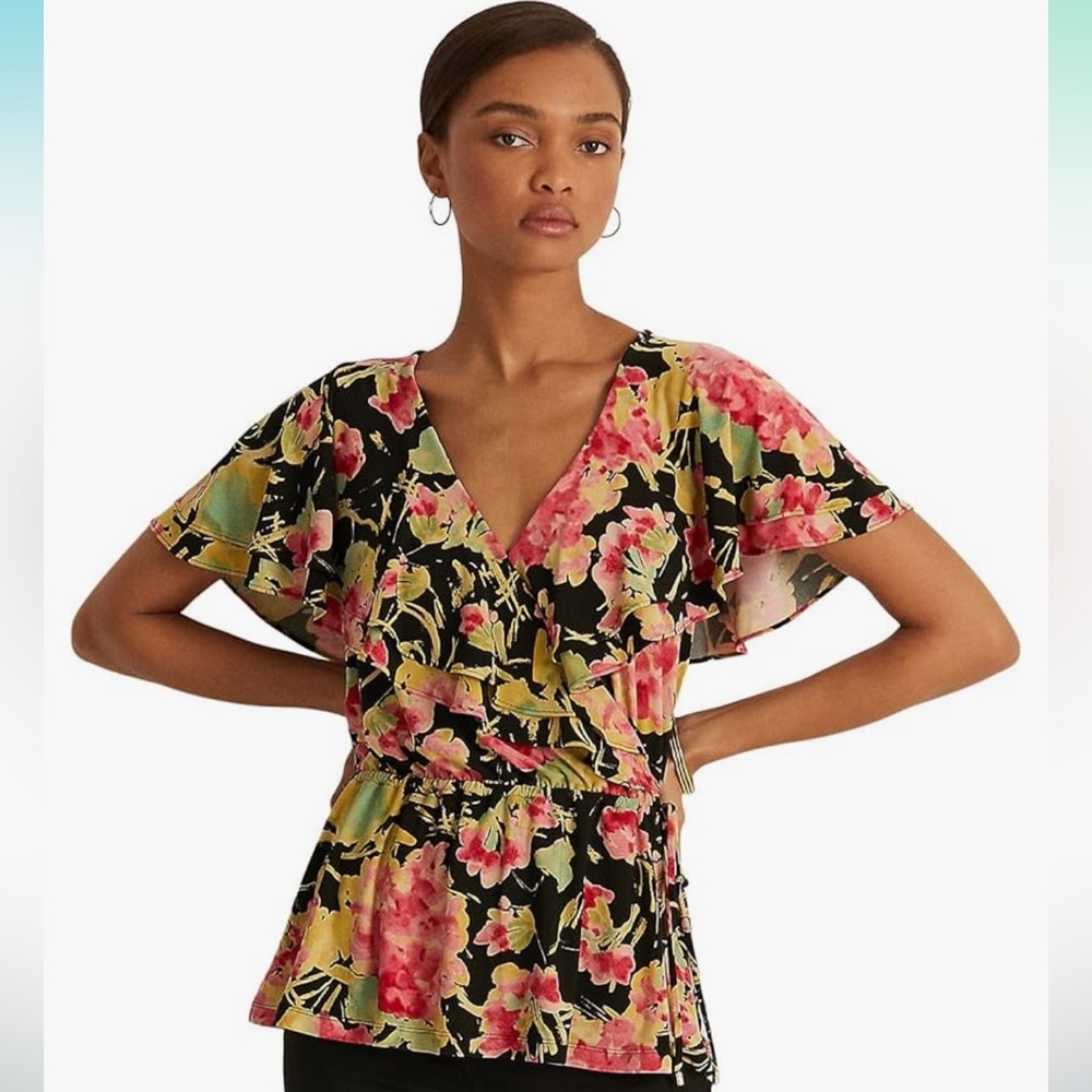 Lauren Ralph Lauren Floral Ruffle-Trim Surplice Jersey Top Size Petite XS